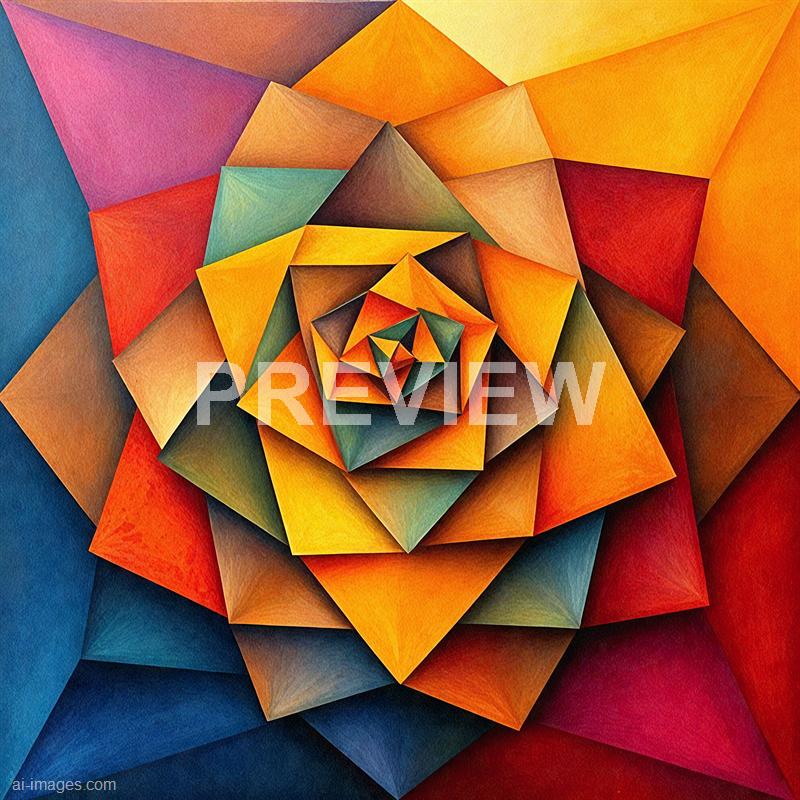 The image features a vibrant, abstract geometric design resembling a spiral or a flower, composed of numerous overlapping triangles. The color palette includes bold shades of orange, yellow, red, green, blue, and purple, creating a dynamic sense of depth and movement. The shapes are meticulously arranged to form a mesmerizing pattern that draws the viewer's eye toward the center.